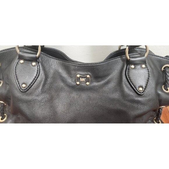 Michael Kors Black Leather Braided Handle Tote Satchel Whipstitch Grommet Large - Picture 3 of 14